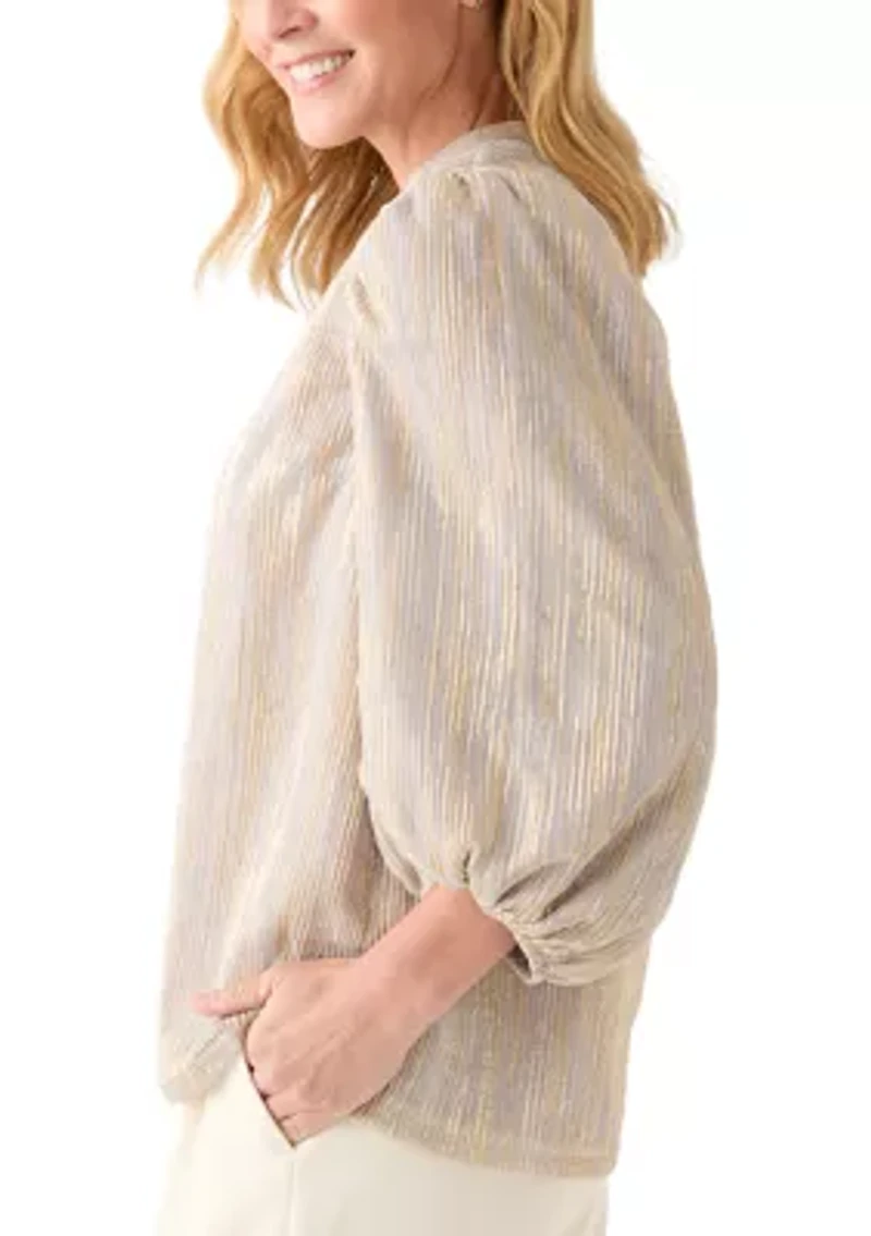 Women's 3/4 Puff Sleeve Split Neck Metallic Top