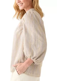 Women's 3/4 Puff Sleeve Split Neck Metallic Top