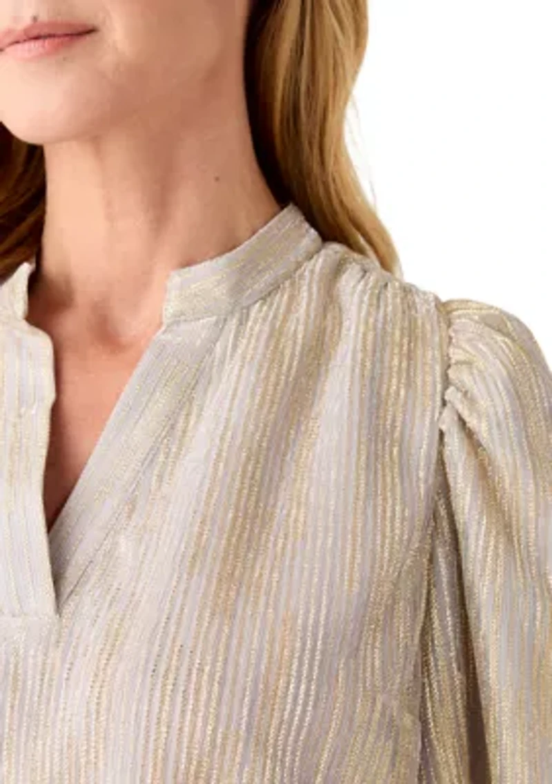 Women's 3/4 Puff Sleeve Split Neck Metallic Top