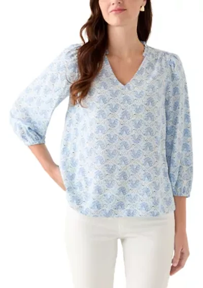 Women's 3/4 Sleeve Top with Shirred Shoulders and Print