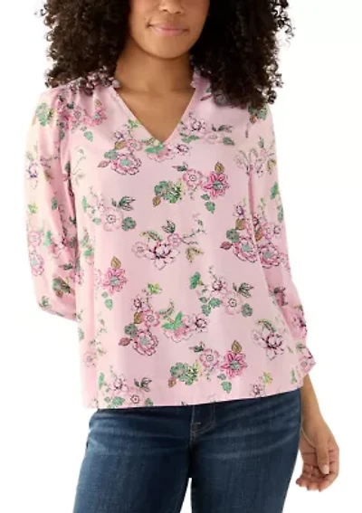 Women's 3/4 Sleeve Top with Shirred Shoulders and Print