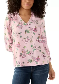 Women's 3/4 Sleeve Top with Shirred Shoulders and Print
