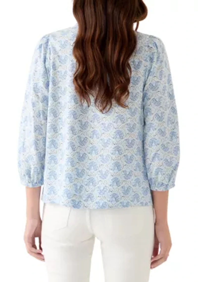 Women's 3/4 Sleeve Top with Shirred Shoulders and Print