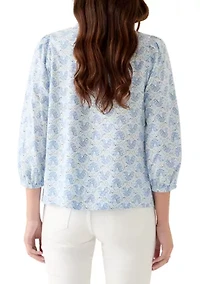 Women's 3/4 Sleeve Top with Shirred Shoulders and Print