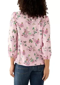 Women's 3/4 Sleeve Top with Shirred Shoulders and Print