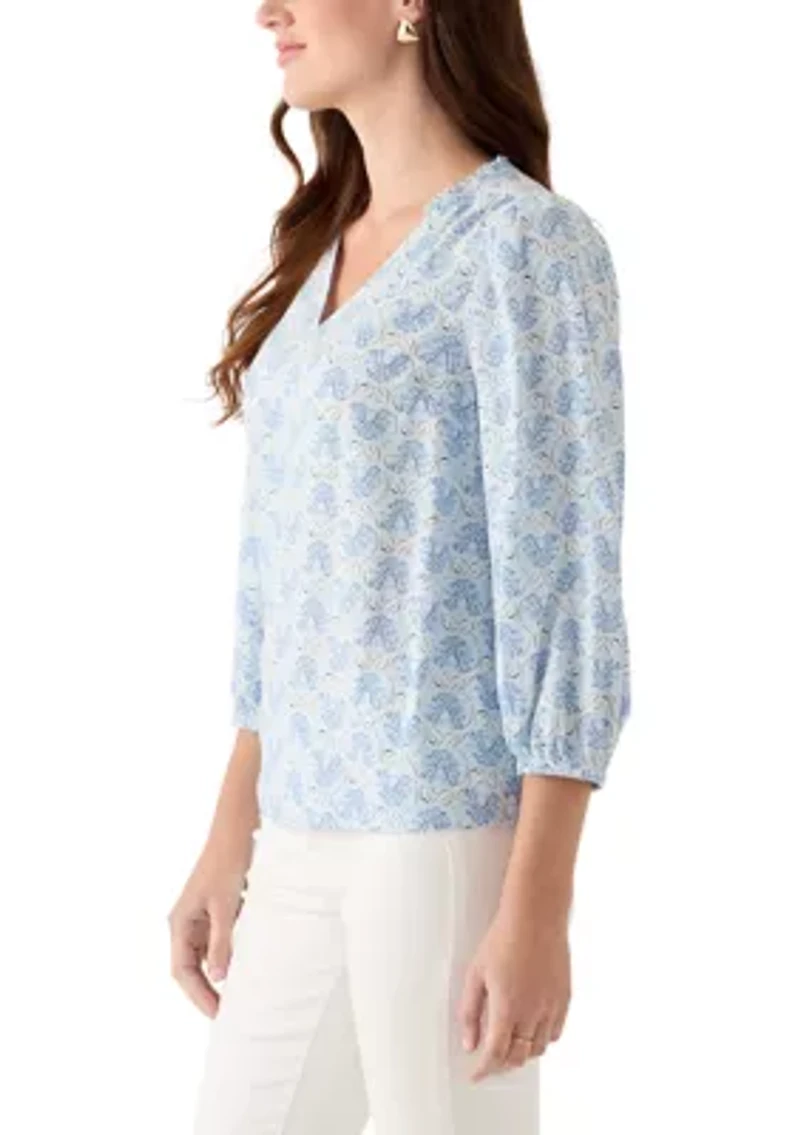 Women's 3/4 Sleeve Top with Shirred Shoulders and Print