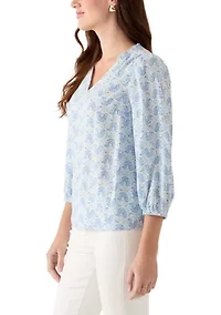 Women's 3/4 Sleeve Top with Shirred Shoulders and Print