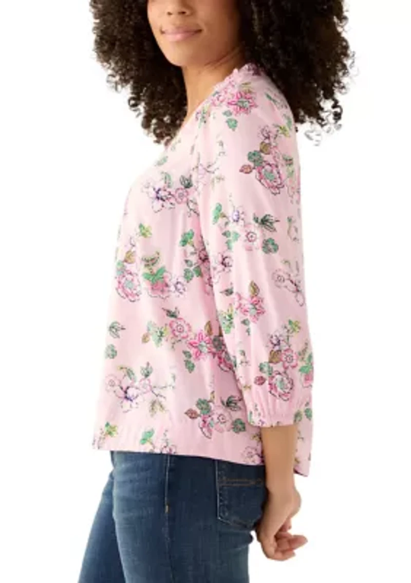 Women's 3/4 Sleeve Top with Shirred Shoulders and Print
