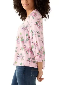 Women's 3/4 Sleeve Top with Shirred Shoulders and Print