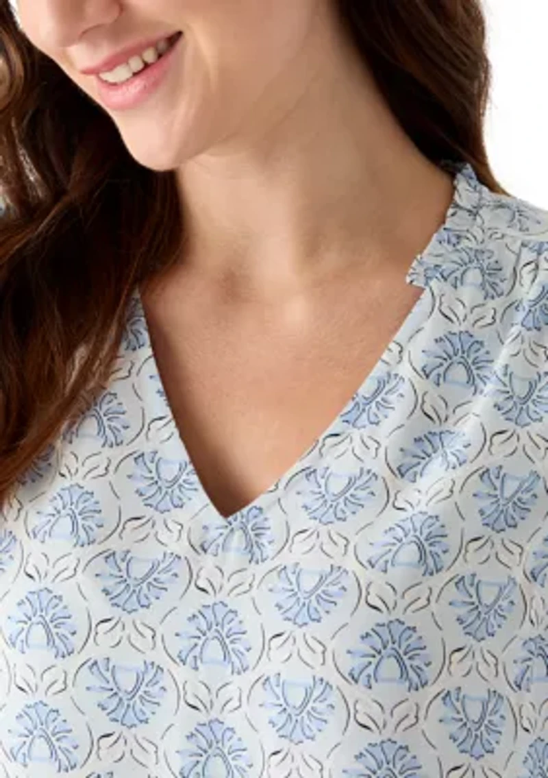 Women's 3/4 Sleeve Top with Shirred Shoulders and Print