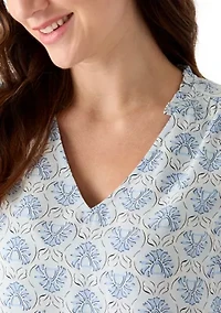 Women's 3/4 Sleeve Top with Shirred Shoulders and Print