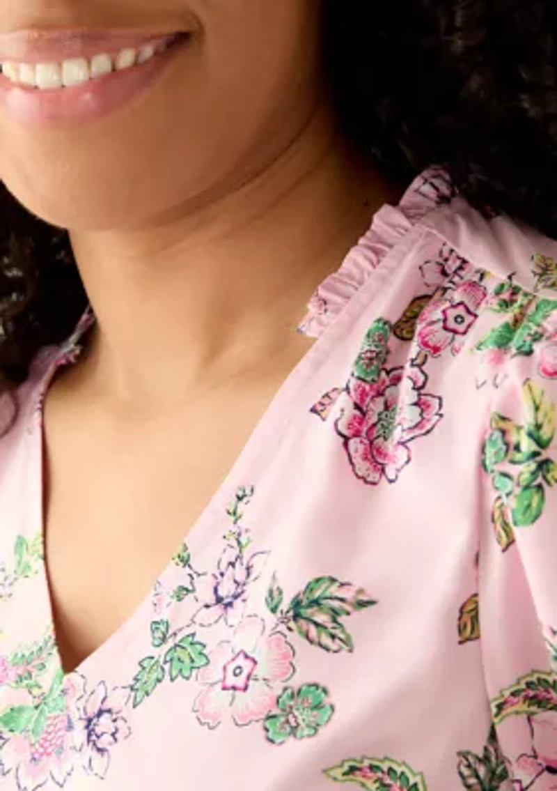 Women's 3/4 Sleeve Top with Shirred Shoulders and Print