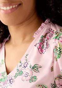 Women's 3/4 Sleeve Top with Shirred Shoulders and Print