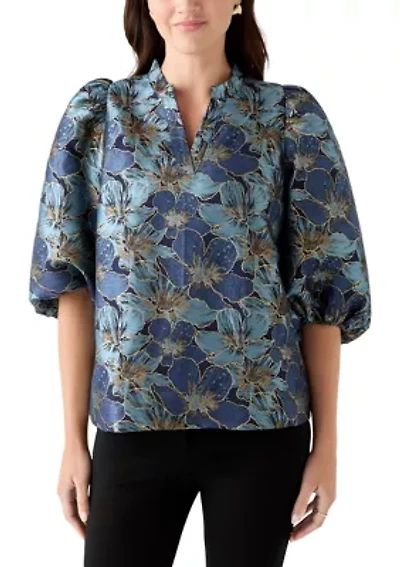 Women's 3/4 Puff Sleeve Split Neck Jacquard Top