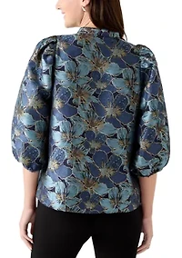 Women's 3/4 Puff Sleeve Split Neck Jacquard Top