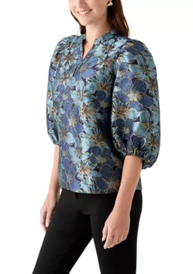Women's 3/4 Puff Sleeve Split Neck Jacquard Top