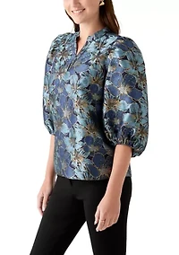 Women's 3/4 Puff Sleeve Split Neck Jacquard Top