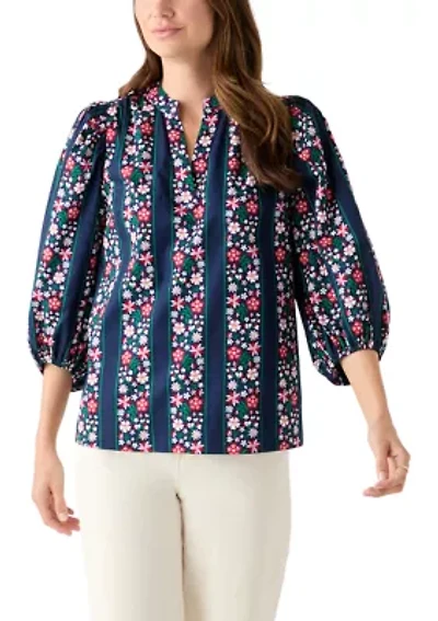 Women's 3/4 Puff Sleeve Split Neck Printed Top