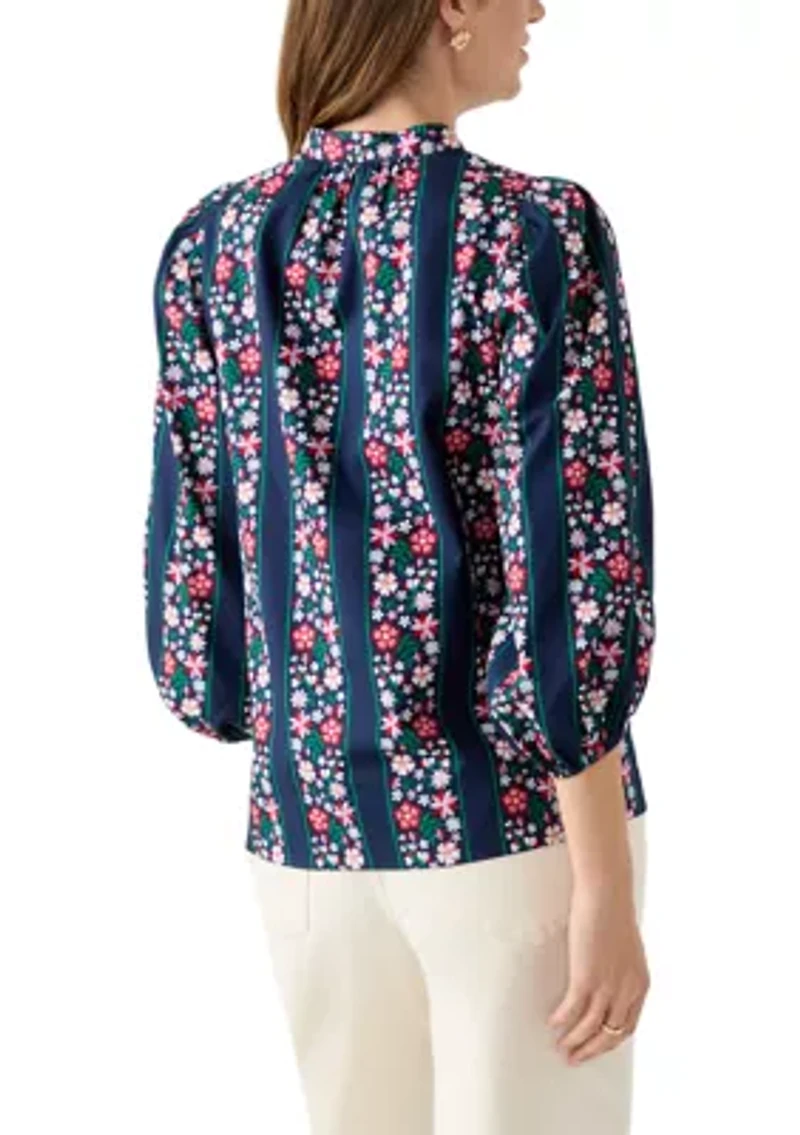 Women's 3/4 Puff Sleeve Split Neck Printed Top