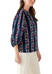 Women's 3/4 Puff Sleeve Split Neck Printed Top