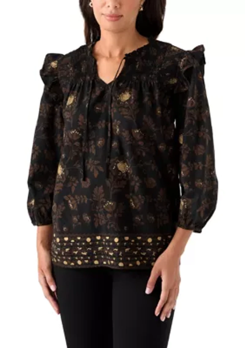 Women's 3/4 Ruffle Sleeve Smocked Split Neck Top