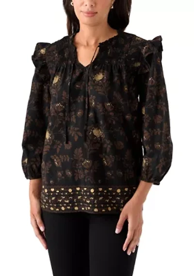 Women's 3/4 Ruffle Sleeve Smocked Split Neck Top