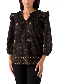 Women's 3/4 Ruffle Sleeve Smocked Split Neck Top