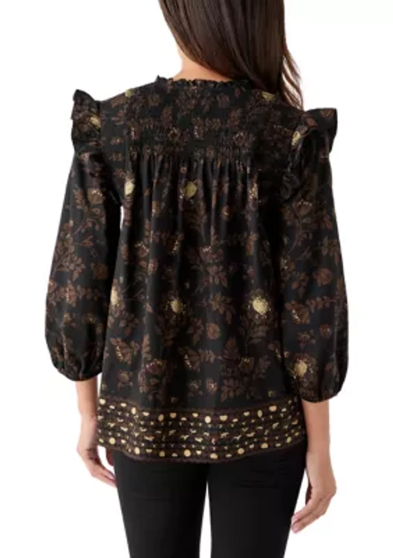 Women's 3/4 Ruffle Sleeve Smocked Split Neck Top