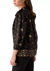 Women's 3/4 Ruffle Sleeve Smocked Split Neck Top