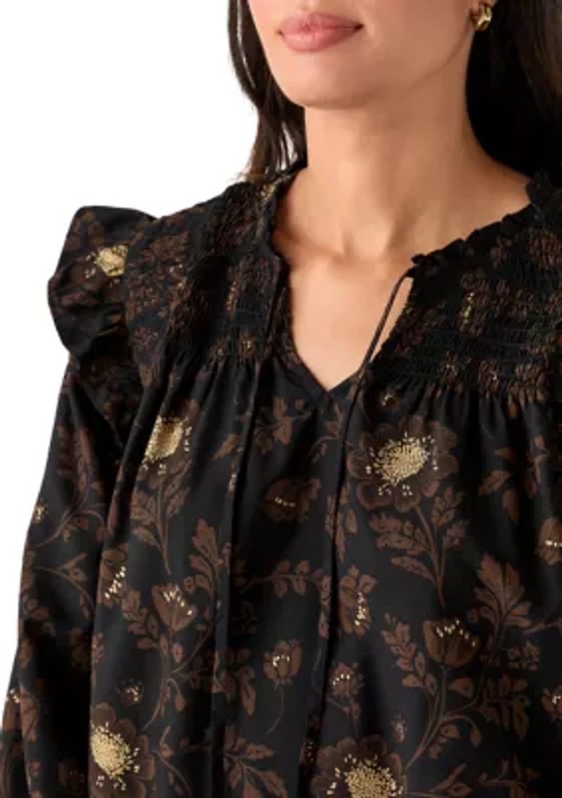 Women's 3/4 Ruffle Sleeve Smocked Split Neck Top