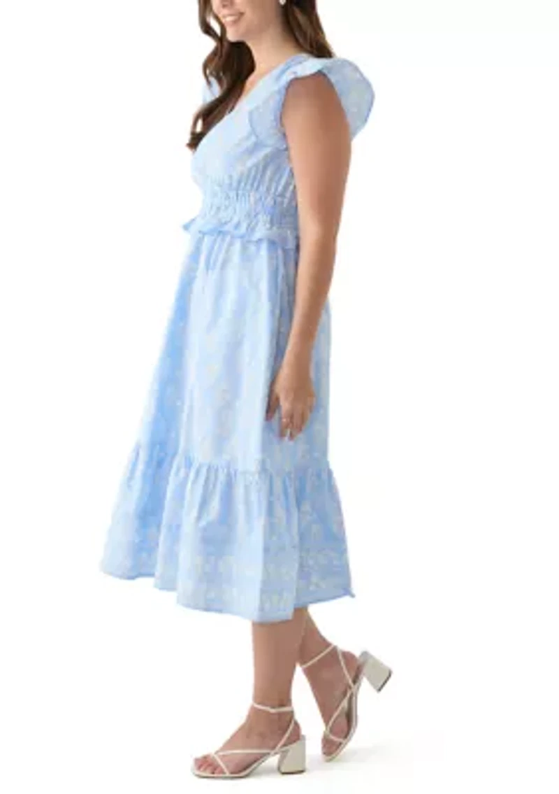 Women's Flutter Sleeve Ruffle Waisted Printed Midi Dress