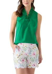 Women's Sleeveless Eyelet Ruffle Neck Top