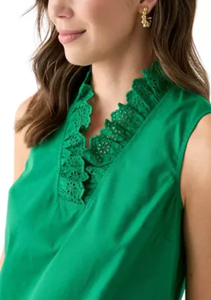 Women's Sleeveless Eyelet Ruffle Neck Top
