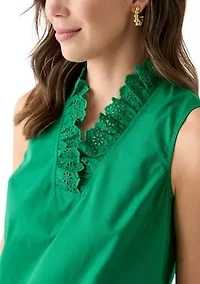 Women's Sleeveless Eyelet Ruffle Neck Top