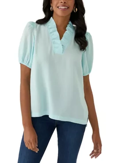 Women's Puff Sleeve Ruffle Split Neck Top