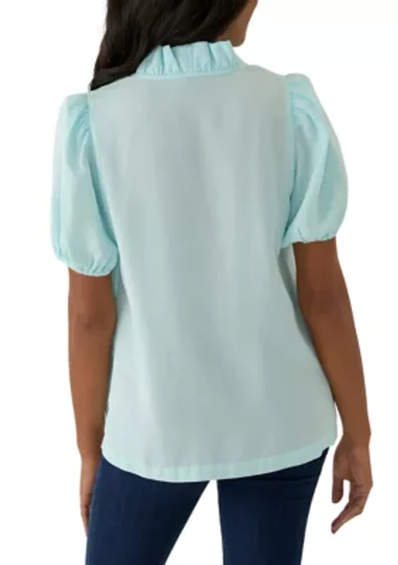 Women's Puff Sleeve Ruffle Split Neck Top