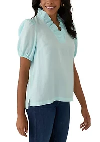 Women's Puff Sleeve Ruffle Split Neck Top