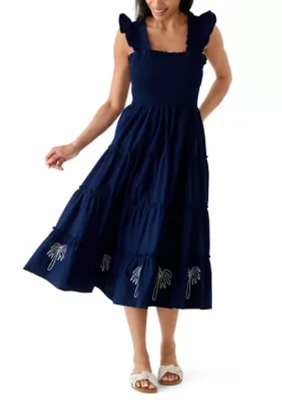 Women's Sleeveless Embroidered Smocked Midi Dress