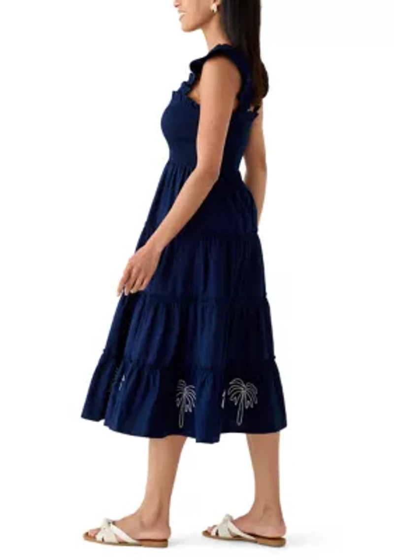 Women's Sleeveless Embroidered Smocked Midi Dress
