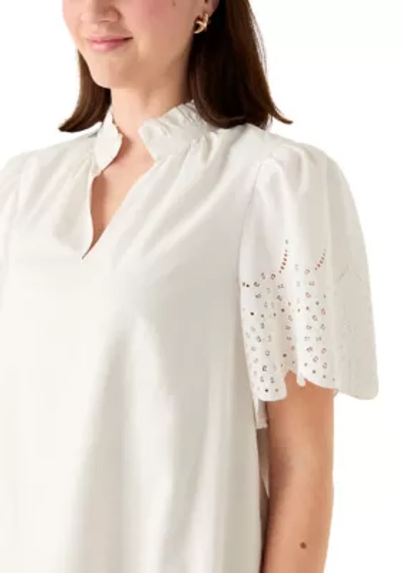 Women's Short Sleeve Notch Neck Eyelet Mini Dress