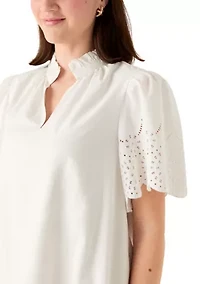Women's Short Sleeve Notch Neck Eyelet Mini Dress