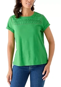 Women's Short Sleeve Eyelet Yoke Top