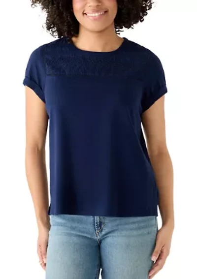 Women's Short Sleeve Eyelet Yoke Top