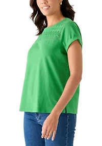 Women's Short Sleeve Eyelet Yoke Top