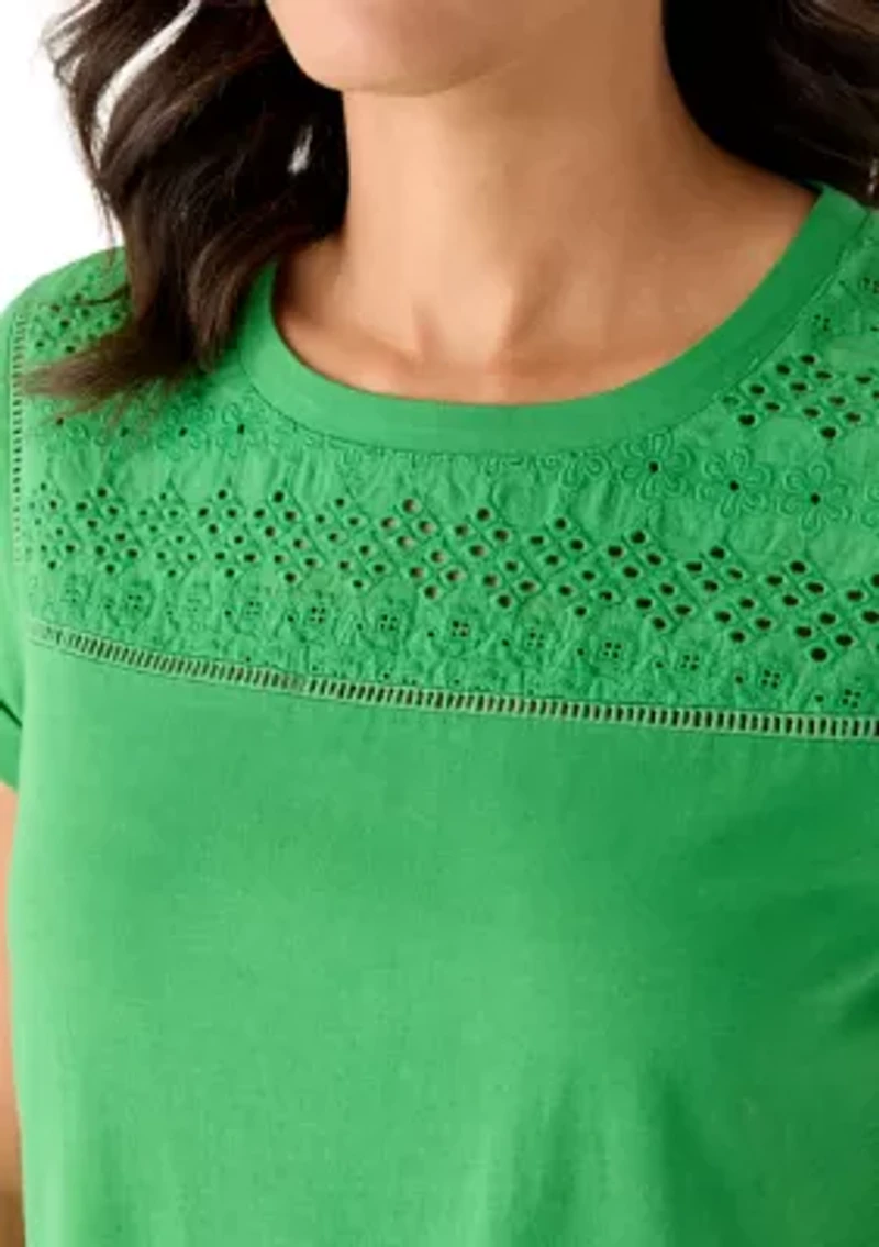 Women's Short Sleeve Eyelet Yoke Top