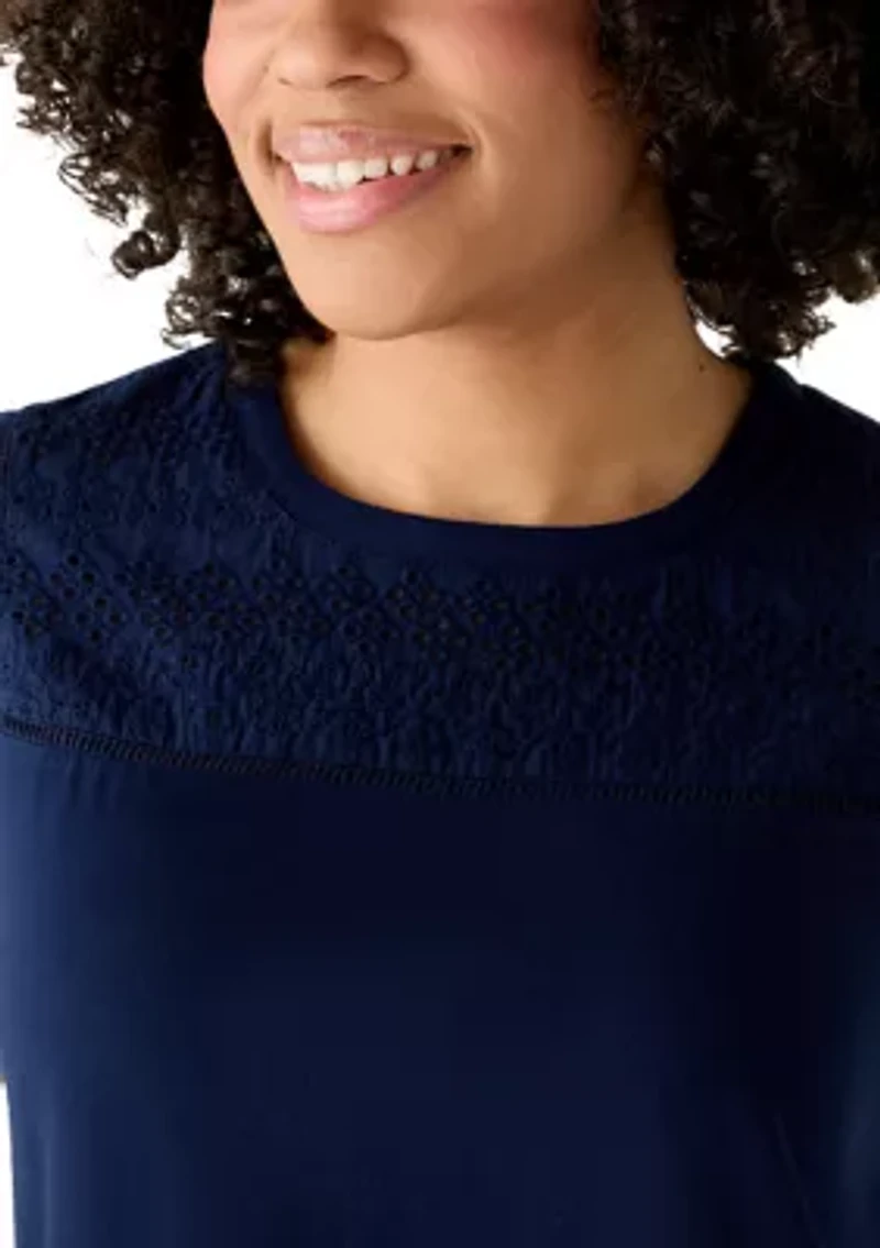 Women's Short Sleeve Eyelet Yoke Top