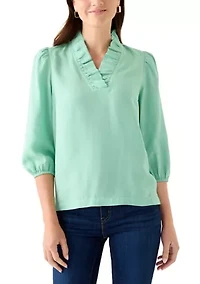 Women's 3/4 Sleeve Ruffle Neck Tencel Blouse