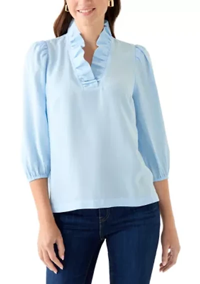 Women's 3/4 Sleeve Ruffle Neck Tencel Blouse