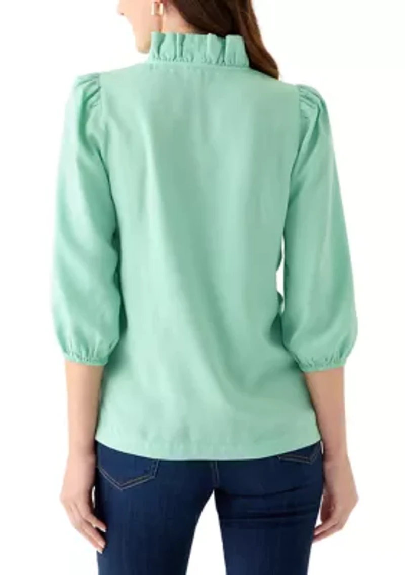 Women's 3/4 Sleeve Ruffle Neck Tencel Blouse