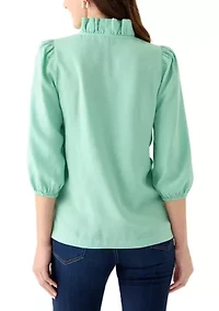 Women's 3/4 Sleeve Ruffle Neck Tencel Blouse